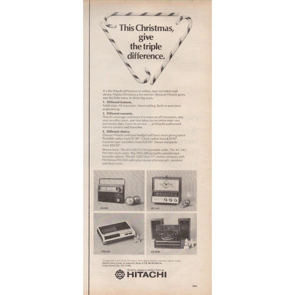 Hitachi Christmas Electronics Radio Cassette Stereo Vintage Print Ad 1970